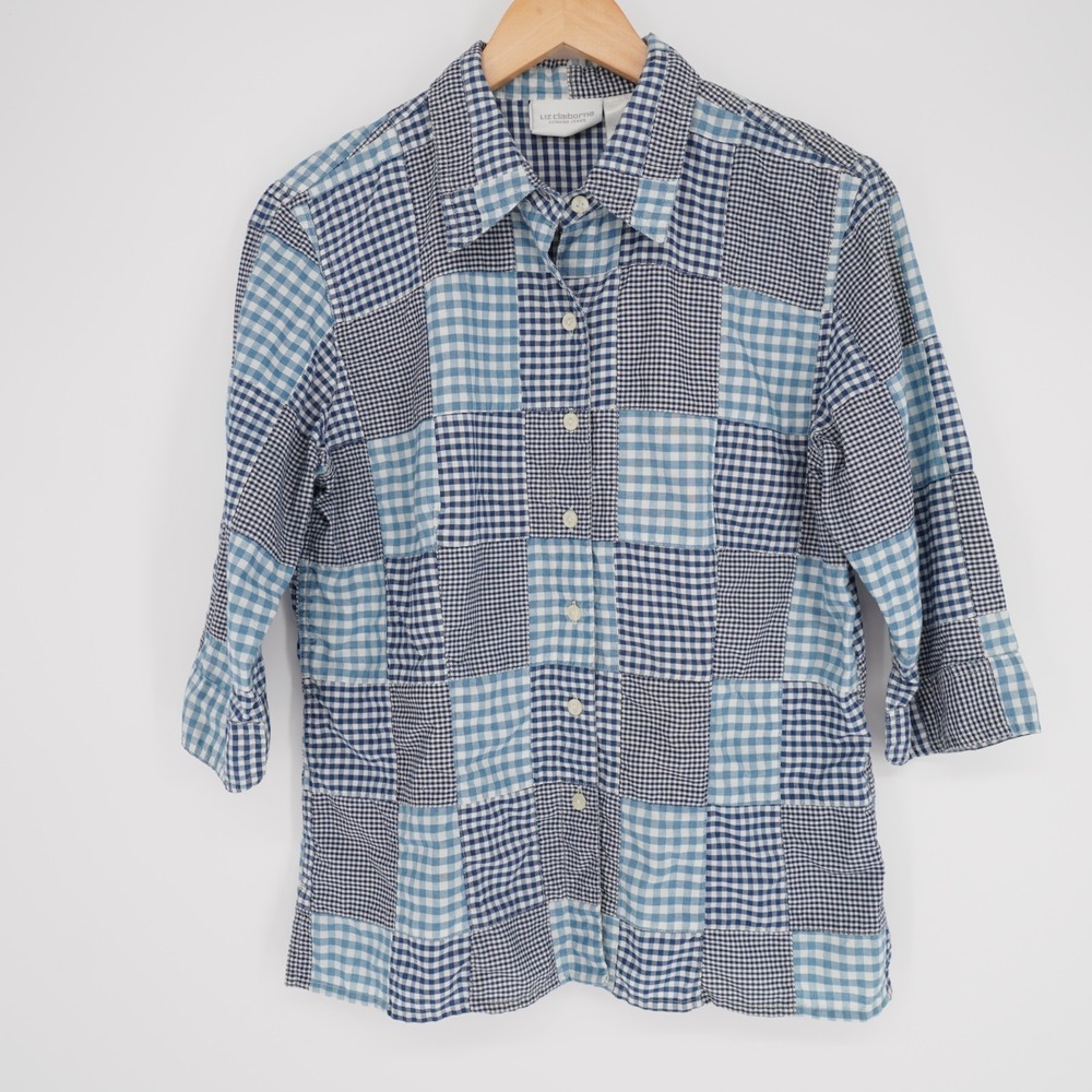 Womens Madras Check Button Up Shirt Blue M Cotton Preppy Coastal Casual - Picture 2 of 11